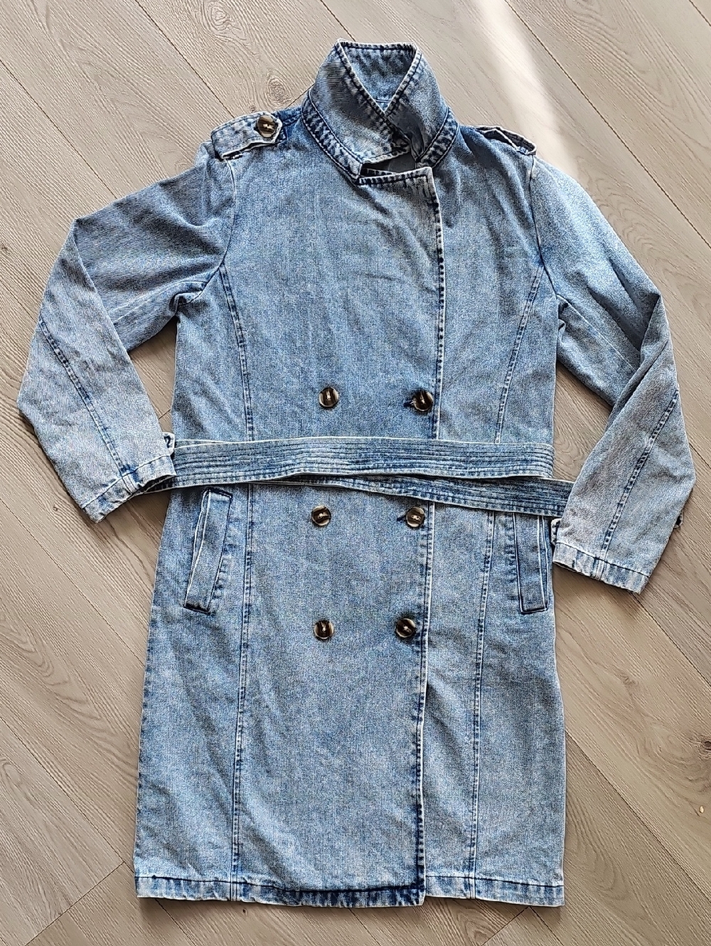 Stoosh Vintage Belted Double Breasted Denim Trench Coat, Small